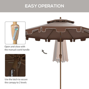 Outsunny 9' Patio Umbrella with Push Button Tilt and Crank, Double Top Ruffled Outdoor Market Table Umbrella with 8 Ribs, for Garden, Deck, Pool, Brown