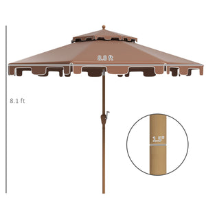 Outsunny 9' Patio Umbrella with Push Button Tilt and Crank, Double Top Ruffled Outdoor Market Table Umbrella with 8 Ribs, for Garden, Deck, Pool, Brown