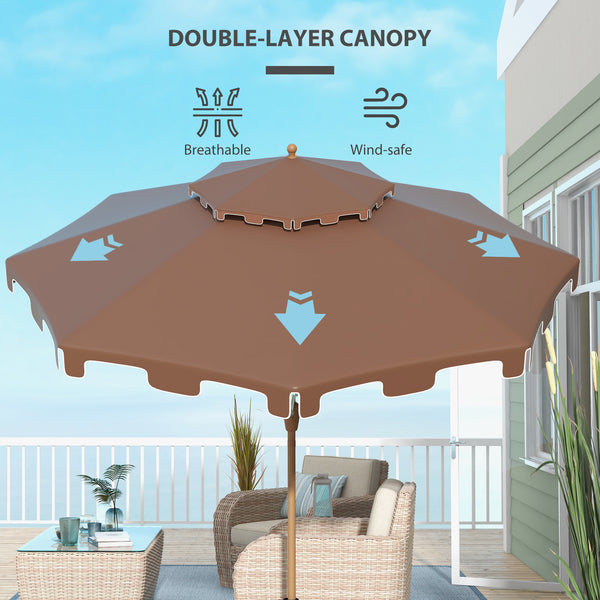 Outsunny 9' Patio Umbrella with Push Button Tilt and Crank, Double Top Ruffled Outdoor Market Table Umbrella with 8 Ribs, for Garden, Deck, Pool, Brown