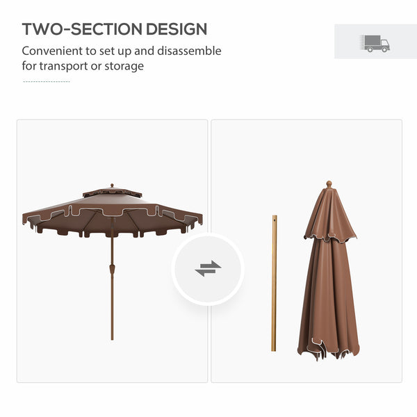 Outsunny 9' Patio Umbrella with Push Button Tilt and Crank, Double Top Ruffled Outdoor Market Table Umbrella with 8 Ribs, for Garden, Deck, Pool, Brown