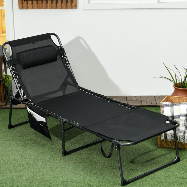 Outsunny Folding Chaise Lounge with 5-level Reclining Back, Tanning Chair with Face Hole, Outdoor Lounge Chair with Side Pocket & Headrest for Beach, Yard, Patio, Black