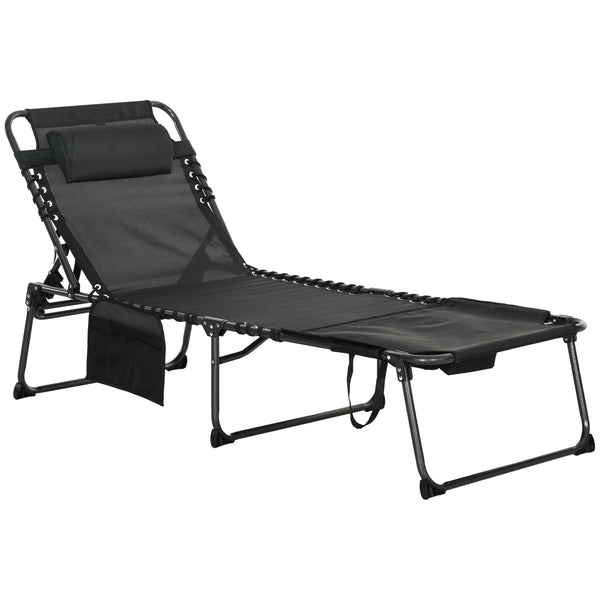 Outsunny Folding Chaise Lounge with 5-level Reclining Back, Tanning Chair with Face Hole, Outdoor Lounge Chair with Side Pocket & Headrest for Beach, Yard, Patio, Black