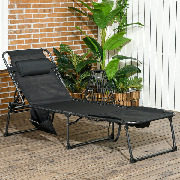 Outsunny Folding Chaise Lounge with 5-level Reclining Back, Tanning Chair with Face Hole, Outdoor Lounge Chair with Side Pocket & Headrest for Beach, Yard, Patio, Black