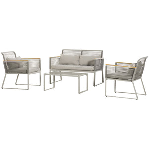 4 Pieces Rattan Garden Furniture Set, Metal Frame Outdoor Furniture Sofa Set with Cushions, Pillows & Tempered Glass Top Table, Wicker Garden Sofa for Conservatory, Patio, Grey
