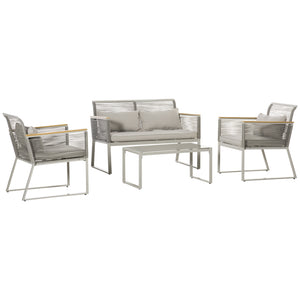 4 Pieces Rattan Garden Furniture Set, Metal Frame Outdoor Furniture Sofa Set with Cushions, Pillows & Tempered Glass Top Table, Wicker Garden Sofa for Conservatory, Patio, Grey