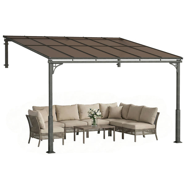 11' x 10' Outdoor Pergola, Wall Mounted Hardtop Lean-to Gazebo with Polycarbonate Roof and Metal-Aluminium Frame, Heavy Duty Metal Pergola for Patio Deck Backyard, Brown