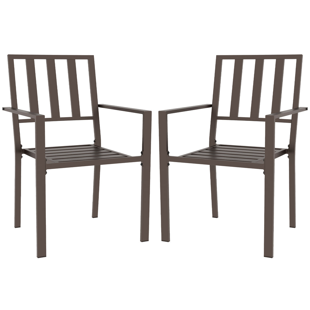 Outsunny Set of 2 Patio Dining Chairs, Stackable Outdoor Garden Bistro Chairs with Metal Slatted Seat & Backrest for Yard, Garden, Dark Brown