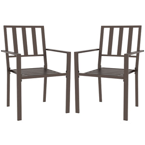 Outsunny Set of 2 Patio Dining Chairs, Stackable Outdoor Garden Bistro Chairs with Metal Slatted Seat & Backrest for Yard, Garden, Dark Brown