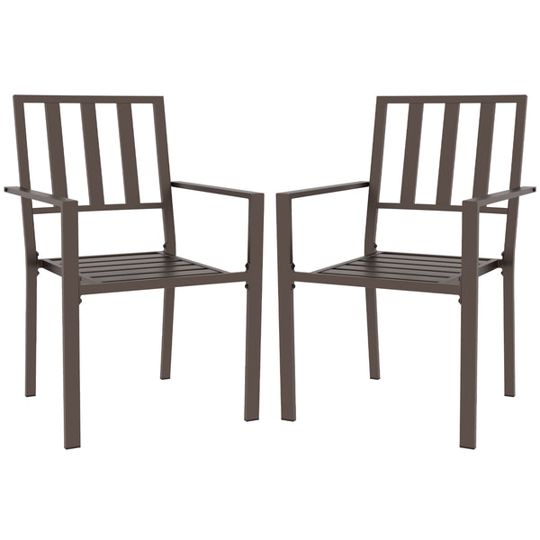 Outsunny Set of 2 Patio Dining Chairs, Stackable Outdoor Garden Bistro Chairs with Metal Slatted Seat & Backrest for Yard, Garden, Dark Brown