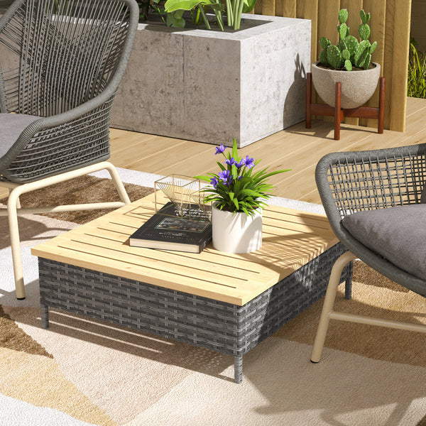 Outsunny Outdoor Side Table with PE Rattan, Patio End Table with Natural Fir Wood Top, Weather Resistant Accent Table for Patio Pool Porch, Gray