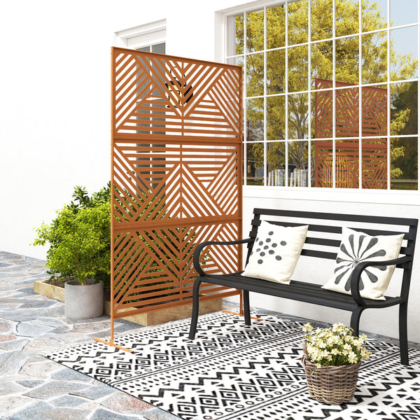 Outsunny Metal Outdoor Privacy Screen, 78" H x 48" W Decorative Privacy Fence Screen, Freestanding Outdoor Divider with Stand, Climbing Plant Trellis for Garden Walkway, Balcony, Patio, Rhombus Brown