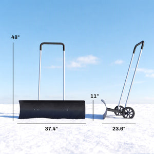 37-Inch Extra Wide Snow Shovel with Wheels, Heavy Duty Aluminum Snow Pusher with Ergonomic Adjustable Handle, Angled Blade and Non-Slip Grip for Driveway, Sidewalks, Garden, Deck, Black
