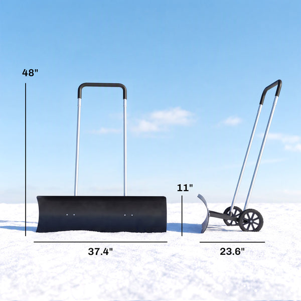 37-Inch Extra Wide Snow Shovel with Wheels, Heavy Duty Aluminum Snow Pusher with Ergonomic Adjustable Handle, Angled Blade and Non-Slip Grip for Driveway, Sidewalks, Garden, Deck, Black