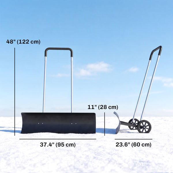 Snow Shovel with Wheels, 37-Inch Extra Wide Heavy Duty Aluminum Snow Pusher with Ergonomic Adjustable Handle, Angled Blade, Non-Slip Grip for Driveway, Sidewalks, Black