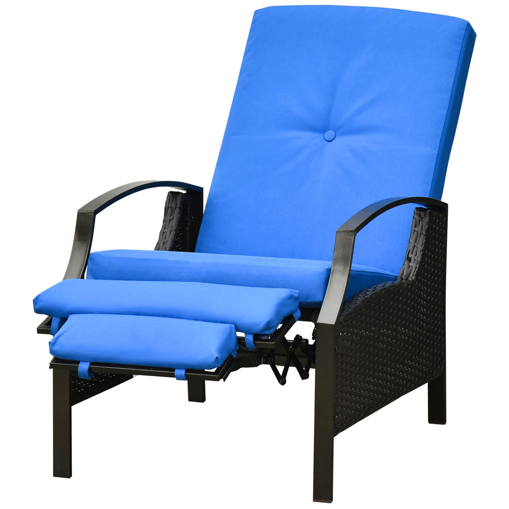 PE Rattan Outdoor Recliner Chair, Wicker Patio Lounge Chair with Adjustable Backrest, Retractable Footrest and Cushion, Blue