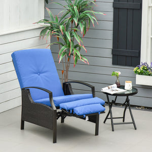 PE Rattan Outdoor Recliner Chair, Wicker Patio Lounge Chair with Adjustable Backrest, Retractable Footrest and Cushion, Blue