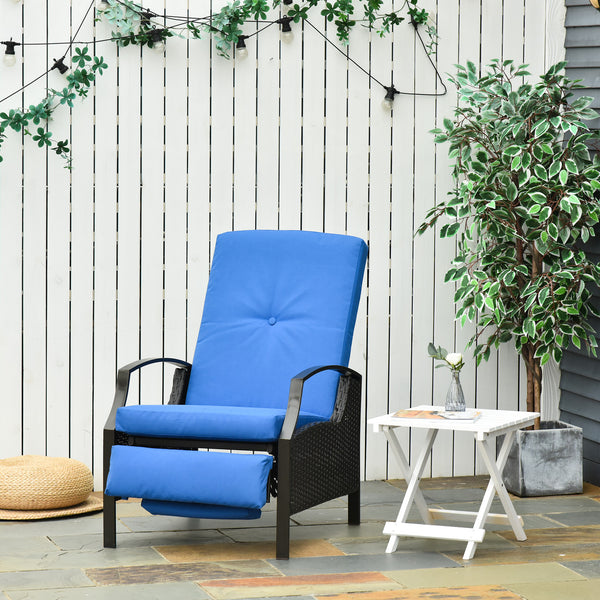 PE Rattan Outdoor Recliner Chair, Wicker Patio Lounge Chair with Adjustable Backrest, Retractable Footrest and Cushion, Blue