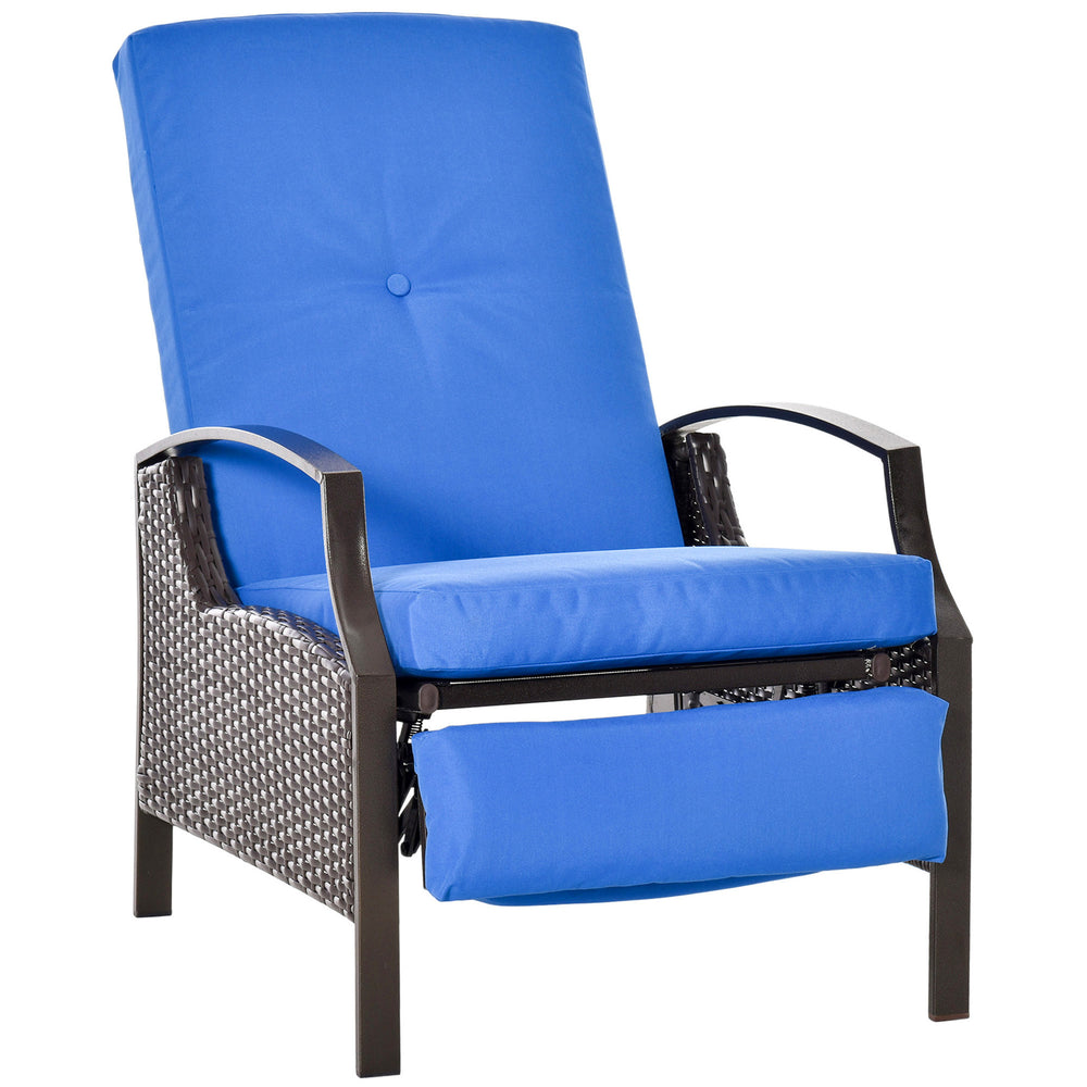 PE Rattan Outdoor Recliner Chair, Wicker Patio Lounge Chair with Adjustable Backrest, Retractable Footrest and Cushion, Blue
