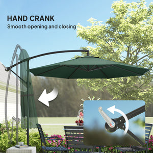 3(m) Garden Banana Parasol Hanging Cantilever Umbrella with Crank Handle, 8 Ribs and Cross Base for Outdoor, Sun Shade, Dark Green