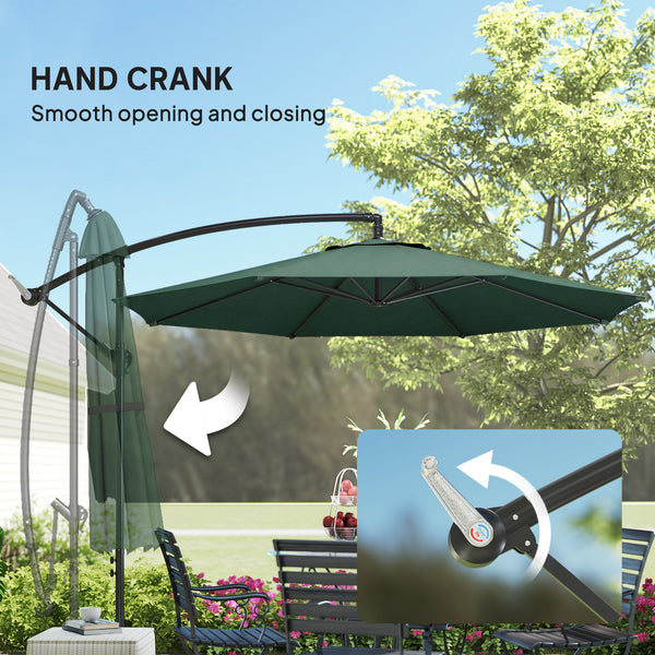 3(m) Garden Banana Parasol Hanging Cantilever Umbrella with Crank Handle, 8 Ribs and Cross Base for Outdoor, Sun Shade, Dark Green