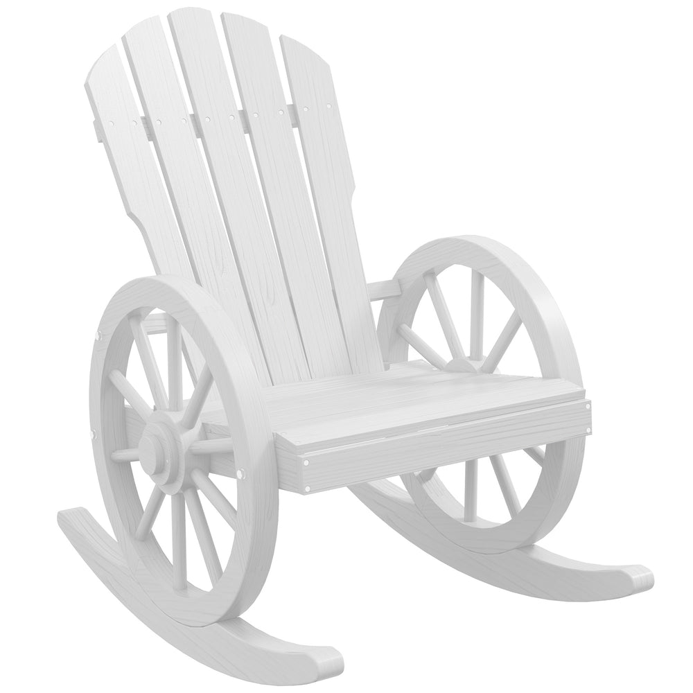 Outsunny Wooden Rocking Chair, Adirondack Rocker Chair w/ Slatted Design and Oversized Back, Outdoor Rocking Chair with Wagon Wheel Armrest for Porch, Poolside, and Garden, White