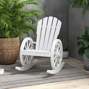 Outsunny Wooden Rocking Chair, Adirondack Rocker Chair w/ Slatted Design and Oversized Back, Outdoor Rocking Chair with Wagon Wheel Armrest for Porch, Poolside, and Garden, White