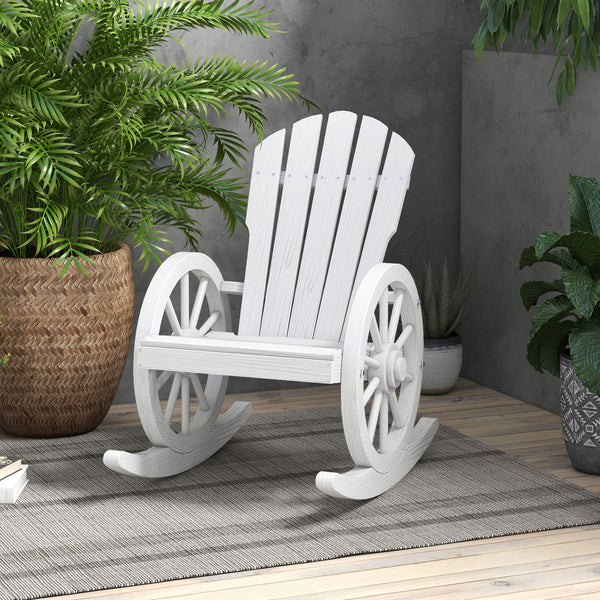 Outsunny Wooden Rocking Chair, Adirondack Rocker Chair w/ Slatted Design and Oversized Back, Outdoor Rocking Chair with Wagon Wheel Armrest for Porch, Poolside, and Garden, White