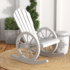 Outsunny Wooden Rocking Chair, Adirondack Rocker Chair w/ Slatted Design and Oversized Back, Outdoor Rocking Chair with Wagon Wheel Armrest for Porch, Poolside, and Garden, White