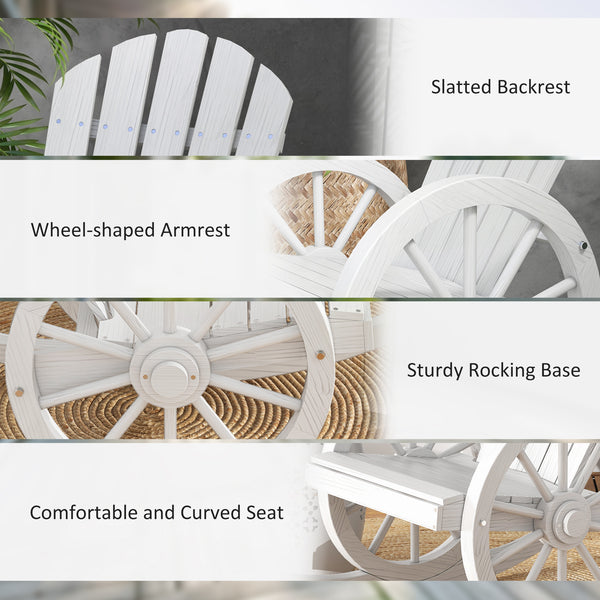 Outsunny Wooden Rocking Chair, Adirondack Rocker Chair w/ Slatted Design and Oversized Back, Outdoor Rocking Chair with Wagon Wheel Armrest for Porch, Poolside, and Garden, White