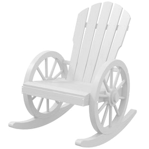 Outsunny Wooden Rocking Chair, Adirondack Rocker Chair w/ Slatted Design and Oversized Back, Outdoor Rocking Chair with Wagon Wheel Armrest for Porch, Poolside, and Garden, White