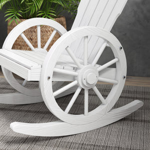 Outsunny Wooden Rocking Chair, Adirondack Rocker Chair w/ Slatted Design and Oversized Back, Outdoor Rocking Chair with Wagon Wheel Armrest for Porch, Poolside, and Garden, White