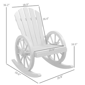 Outsunny Wooden Rocking Chair, Adirondack Rocker Chair w/ Slatted Design and Oversized Back, Outdoor Rocking Chair with Wagon Wheel Armrest for Porch, Poolside, and Garden, White