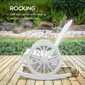 Outsunny Wooden Rocking Chair, Adirondack Rocker Chair w/ Slatted Design and Oversized Back, Outdoor Rocking Chair with Wagon Wheel Armrest for Porch, Poolside, and Garden, White