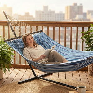 Outdoor Hammock with Stand, Detachable Pillow and Spreader Bars, Heavy Duty Hammock for Outdoor, 264 lbs Capacity Steel Stand, Blue