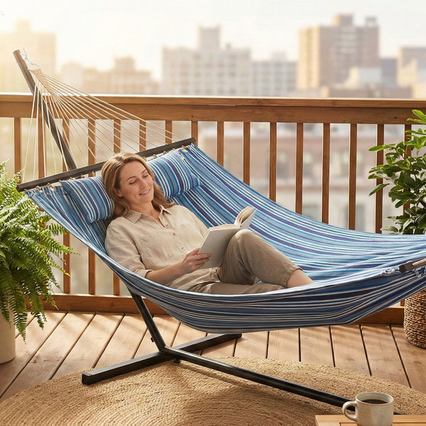Outdoor Hammock with Stand, Detachable Pillow and Spreader Bars, Heavy Duty Hammock for Outdoor, 264 lbs Capacity Steel Stand, Blue