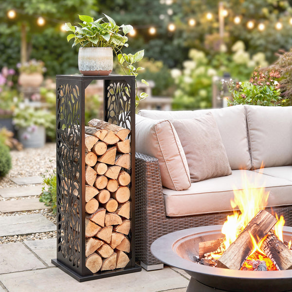 15 Inch Firewood Rack Outdoor Indoor with Cutout Design, Heavy Duty Galvanized Steel Firewood Holder, Log Holder with 4 Hooks, Adjustable Pads, Wood Storage for Fireplace, Firepit, Black