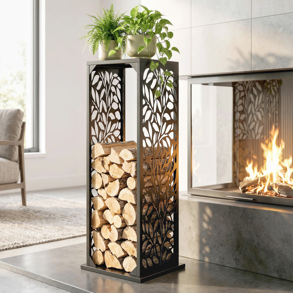 15 Inch Firewood Rack Outdoor Indoor with Cutout Design, Heavy Duty Galvanized Steel Firewood Holder, Log Holder with 4 Hooks, Adjustable Pads, Wood Storage for Fireplace, Firepit, Black