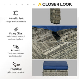 5 Pieces Rattan Garden Furniture Set, 6 Seater Wicker Dining Set, Corner Garden Sofa Outdoor Furniture Set with Glass Top Table, Footstool and Cushions for Patio, Dark Blue