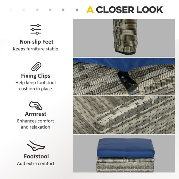 5 Pieces Rattan Garden Furniture Set, 6 Seater Wicker Dining Set, Corner Garden Sofa Outdoor Furniture Set with Glass Top Table, Footstool and Cushions for Patio, Dark Blue