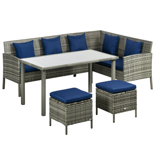 5 Pieces Rattan Garden Furniture Set, 6 Seater Wicker Dining Set, Corner Garden Sofa Outdoor Furniture Set with Glass Top Table, Footstool and Cushions for Patio, Dark Blue