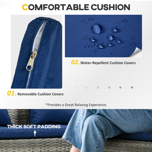 5 Pieces Rattan Garden Furniture Set, 6 Seater Wicker Dining Set, Corner Garden Sofa Outdoor Furniture Set with Glass Top Table, Footstool and Cushions for Patio, Dark Blue