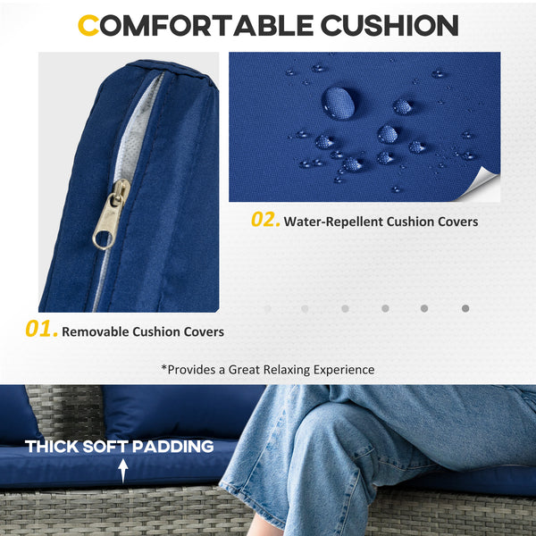 5 Pieces Rattan Garden Furniture Set, 6 Seater Wicker Dining Set, Corner Garden Sofa Outdoor Furniture Set with Glass Top Table, Footstool and Cushions for Patio, Dark Blue