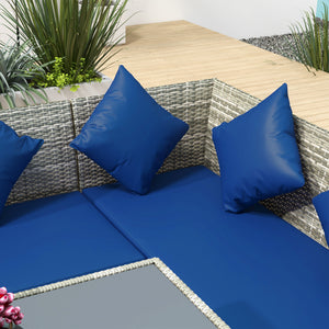 5 Pieces Rattan Garden Furniture Set, 6 Seater Wicker Dining Set, Corner Garden Sofa Outdoor Furniture Set with Glass Top Table, Footstool and Cushions for Patio, Dark Blue