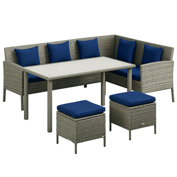 5 Pieces Rattan Garden Furniture Set, 6 Seater Wicker Dining Set, Corner Garden Sofa Outdoor Furniture Set with Glass Top Table, Footstool and Cushions for Patio, Dark Blue