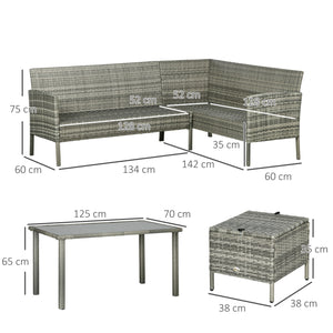 5 Pieces Rattan Garden Furniture Set, 6 Seater Wicker Dining Set, Corner Garden Sofa Outdoor Furniture Set with Glass Top Table, Footstool and Cushions for Patio, Dark Blue