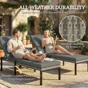 Chaise Lounge Chairs Outdoor, Set of 2 Wicker Patio Lounge Chairs with 5-Level Adjustable Backrest, Cushion, Rattan Sun Reclining Lounger for Backyard, Garden, Light Grey