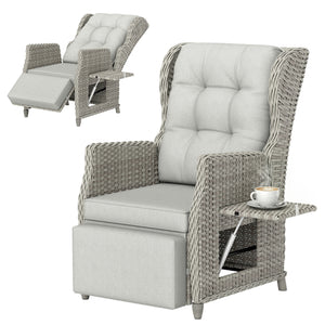 Rattan Garden Recliner Chair, Reclining Garden Chair with Adjustable Backrest and Footrest, Flip Table, Cushion, PE Wicker Outdoor Lounge Armchair Sun Lounger for Patio, Balcony, Light Grey