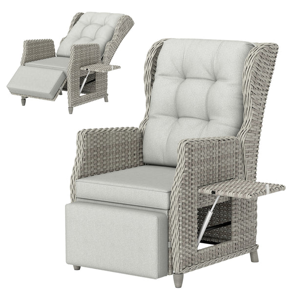 Rattan Garden Recliner Chair, Reclining Garden Chair with Adjustable Backrest and Footrest, Flip Table, Cushion, PE Wicker Outdoor Lounge Armchair Sun Lounger for Patio, Balcony, Light Grey