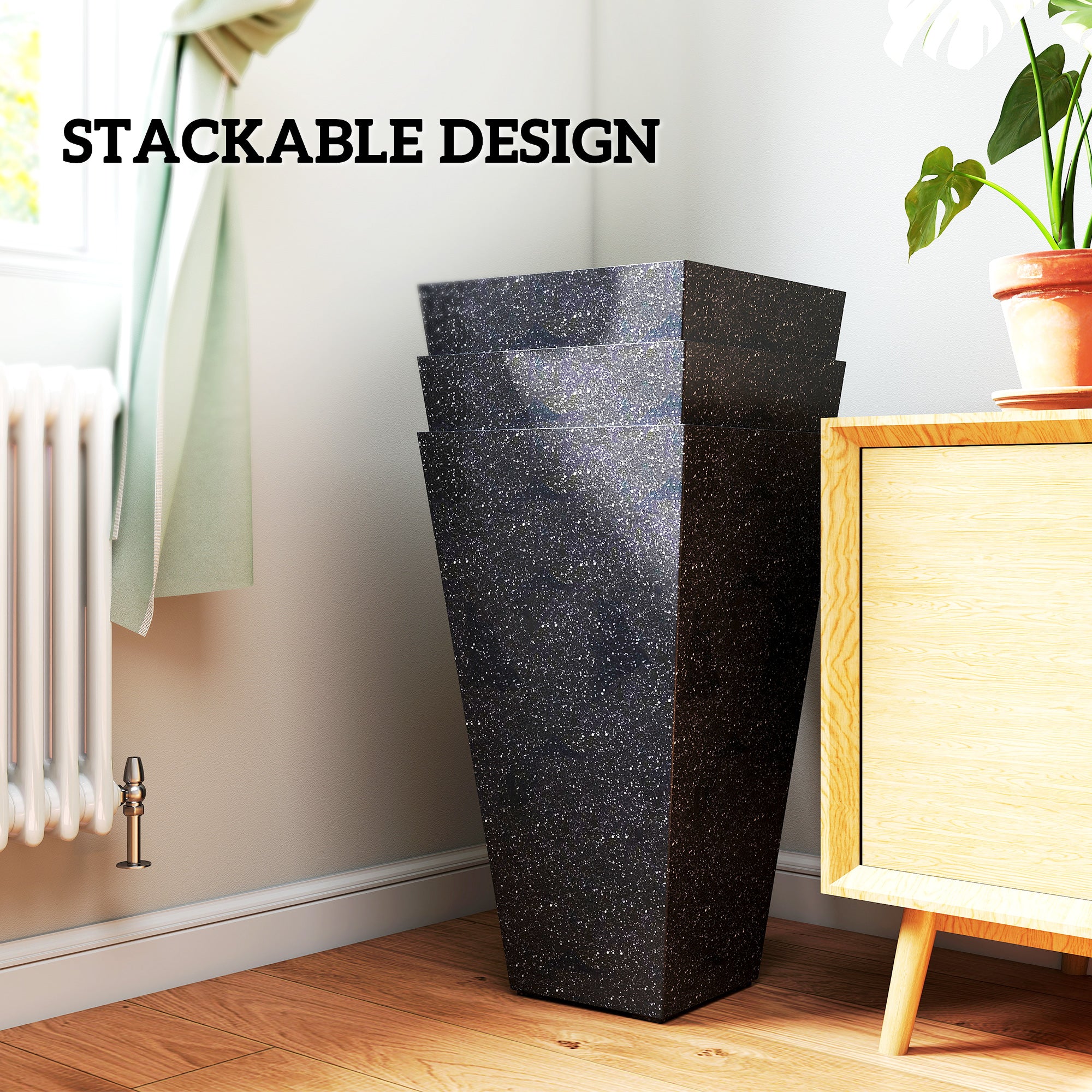 designer plastic pots for plants Outsunny 28" Tall Planters, Set of 3 Plastic Flower Pots with Marble Finish and Drainage Holes, Stackable Taper Planters, Black