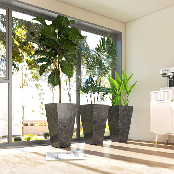 28 Inch Tall Planters for Outdoor Plants, Set of 3 Plastic Flower Pots with Marble Finish and Drainage Holes, Stackable Tapered Large Planters for Indoor Plants, Front Porch Decor, Black